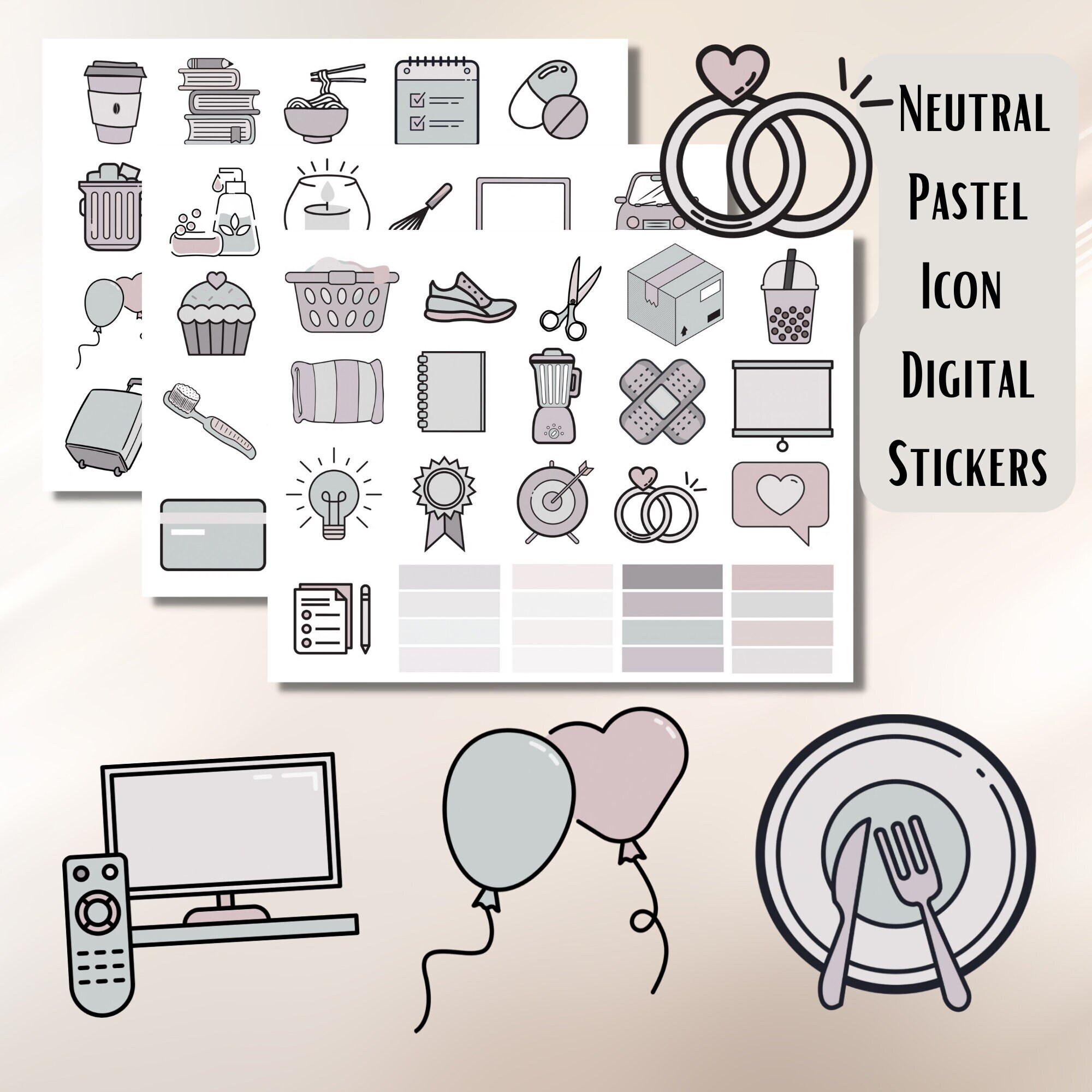 70+ Neutral Pastel Icon Digital Stickers, Essential Icons, PNG ...