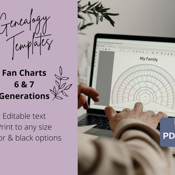 Genealogy Fan Chart Editable Family Tree Templates - PDF | 6 Generation Fan Chart | 7 Generation Fan Chart | Color, Black | DIY Any Size