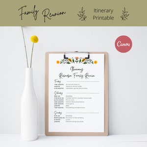 Modelo de itinerário de reunião de família, floral | Modelo de itinerário de evento para Canva | Carta de itinerário imprimível personalizável, 8,5x11, A4