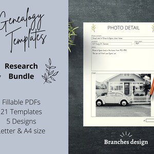 Genealogy Research Templates Digital Printable | Genealogy Research Fillable Form PDF Worksheet Bundle, 21 Pages, Branches | Letter, A4