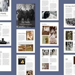 Mock ups of many genealogy book template pages.