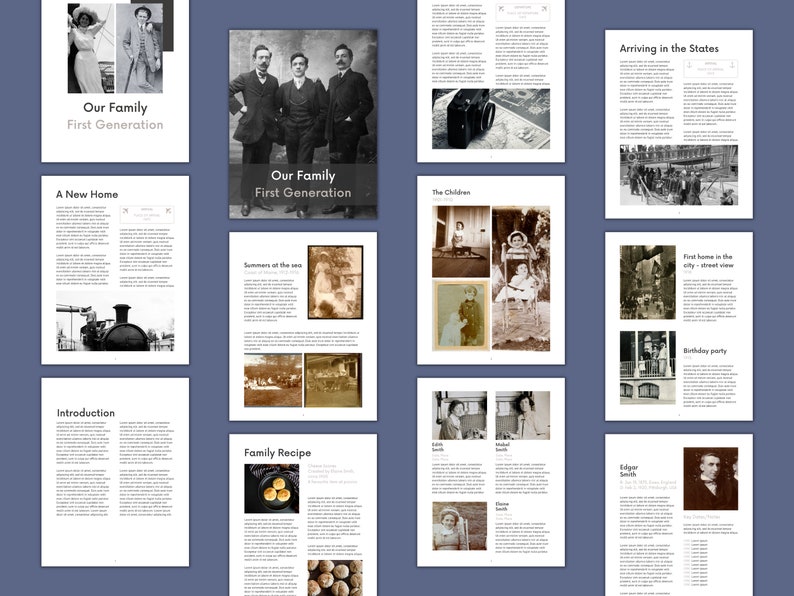 Mock ups of many genealogy book template pages.