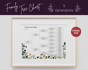 Family Tree Template Printable Fillable PDF Family Tree Chart - 5 Generations | Genealogy Family Reunion Gift, Floral, Letter, 8x10, A4