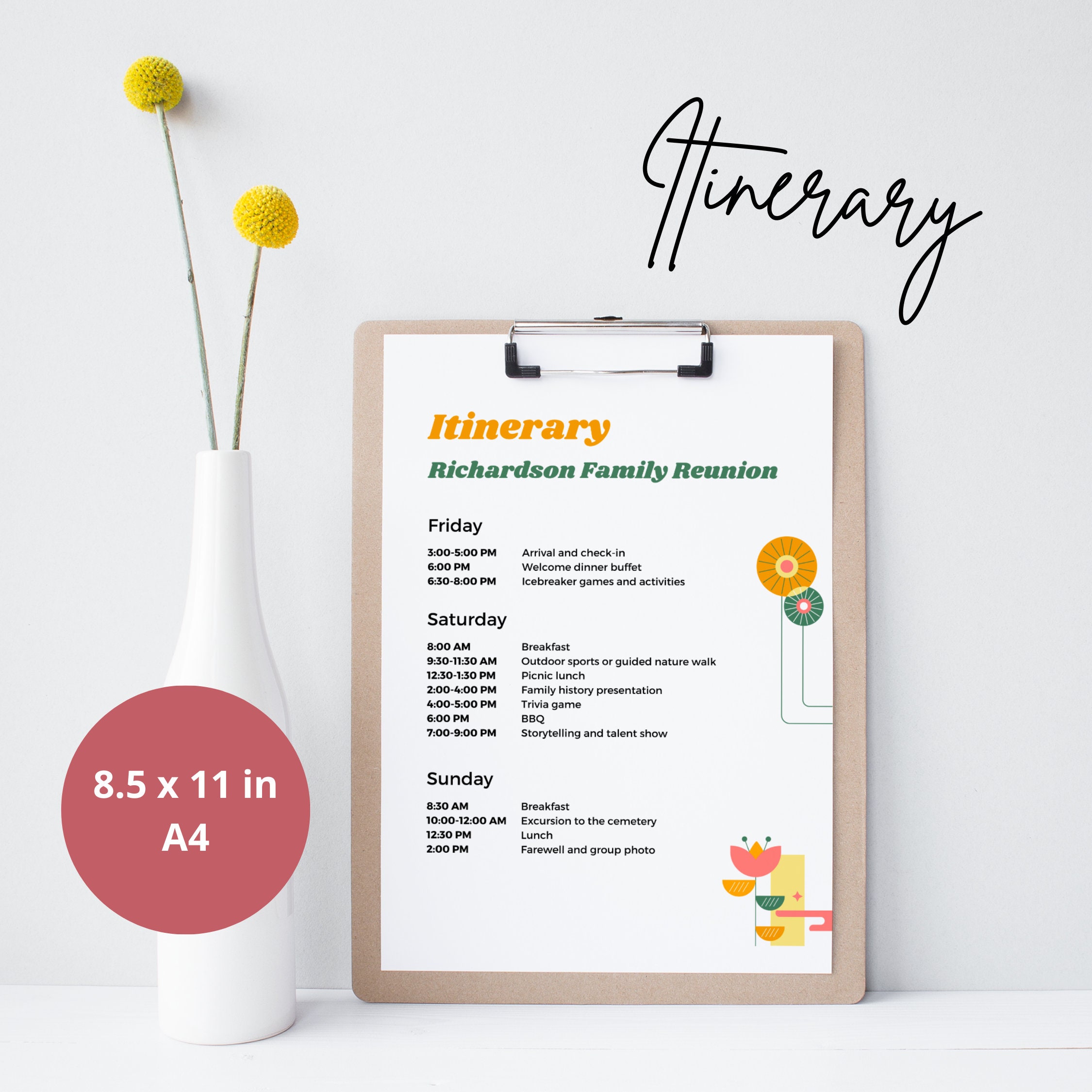 Family Reunion Itinerary Template Floral Retro Event Itinerary family-reunion-itinerary-template-floral-retro-event-itinerary