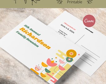 Plantilla de postal de reunión familiar, retro floral / plantilla de postal de evento para Canva / postal imprimible personalizable, 4x6 A6
