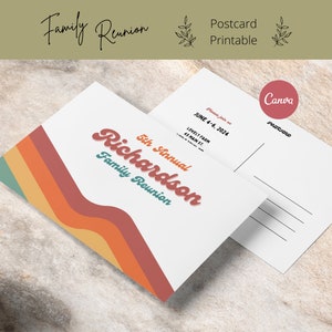 Familientreffen Postkartenvorlage, Retro Regenbogen | Event Postkarten Template für Canva | Anpassbare druckbare Postkarte, 4x6 A6