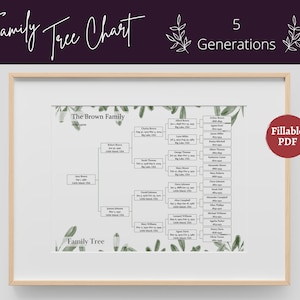 Family Tree Template Printable Fillable PDF Family Tree Chart - 5 Generations | Genealogy Family Reunion Gift, Leaves, Letter, 8x10, A4