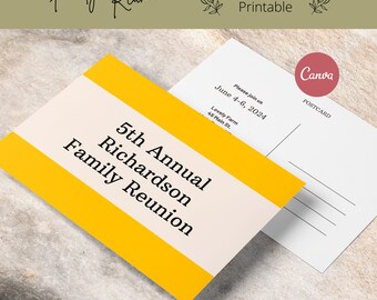 Plantilla de postal de reunión familiar, Sunshine Retro / Plantilla de postal de evento para Canva / Postal imprimible personalizable, 4x6 A6