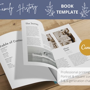 Family history book template. Canva genealogy template. Book mock up on table.