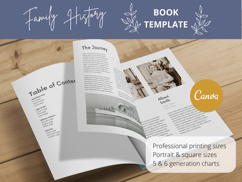 Family history book template. Canva genealogy template. Book mock up on table.