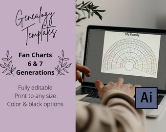 Genealogy Fan Chart Editable Family Tree Templates - Illustrator | 6 Generation Fan Chart | 7 Generation Fan Chart | Color, Black | Any Size