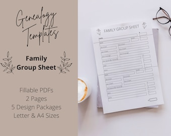 Family Group Sheet Genealogy Research Digital Printable Fillable Forms PDF Templates | Family History Worksheets, 2 Pages | Letter, A4