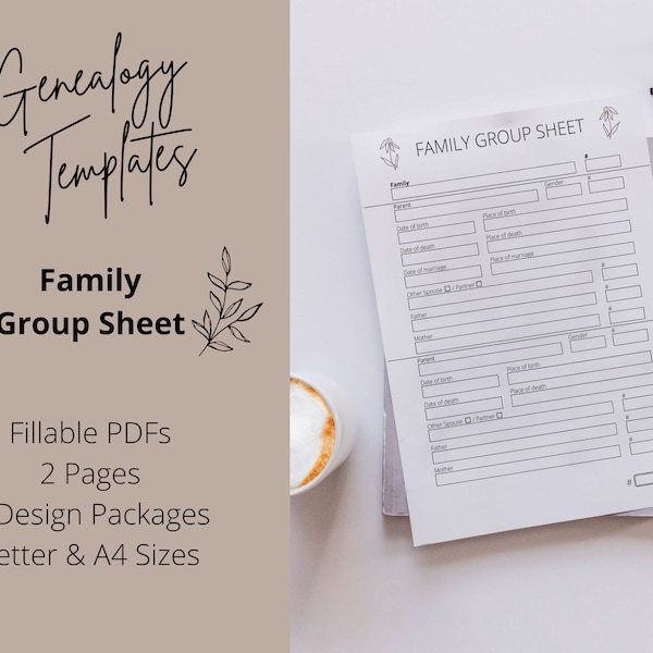 Family Group Sheet Genealogy Research Digital Printable Fillable Forms PDF Templates | Family History Worksheets, 2 Pages | Letter, A4