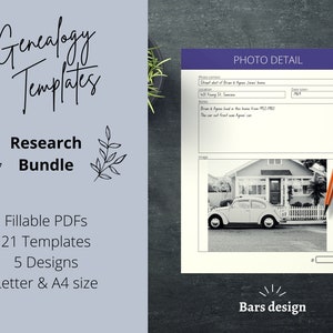 Genealogy Research Templates Digital Printable | Genealogy Research Fillable Form PDF Worksheet Bundle, 21 Pages, Bars | Letter, A4