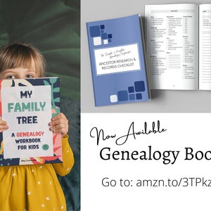 New available, genealogy books. My Family Tree: A Genealogy Book for Kids. The Simple & Mighty Genealogy Organizer: Ancestor Research & Records Checklist. Go to amzn.to/3TPkz2O