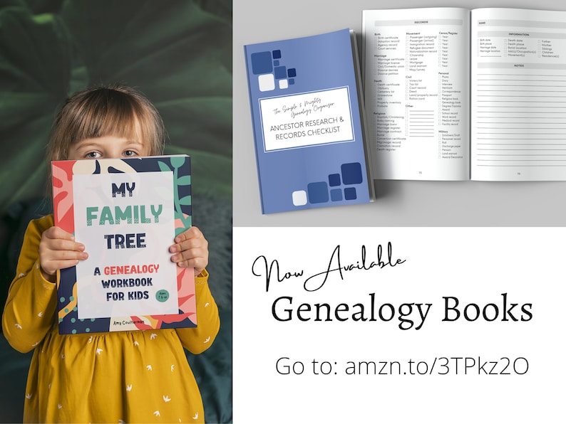 New available, genealogy books. My Family Tree: A Genealogy Book for Kids. The Simple & Mighty Genealogy Organizer: Ancestor Research & Records Checklist. Go to amzn.to/3TPkz2O