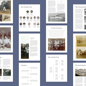 Mock ups of many genealogy book template pages.