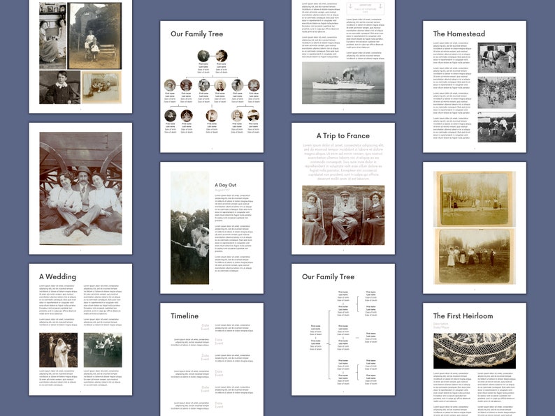 Mock ups of many genealogy book template pages.