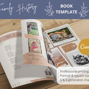 Modelo de Livro de História da Família Canva - Álbum de recortes | Álbum de família personalizável | Livro de genealogia para impressão | 29 páginas | Carta, Quadrado, A4