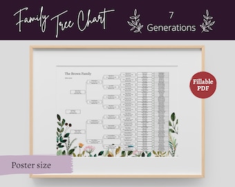 Modèle d’arbre généalogique Tableau d’arbre généalogique PDF imprimable et remplissable - 7 générations | Cadeau de réunion de famille généalogique, Floral, Affiche, 24x18, A2