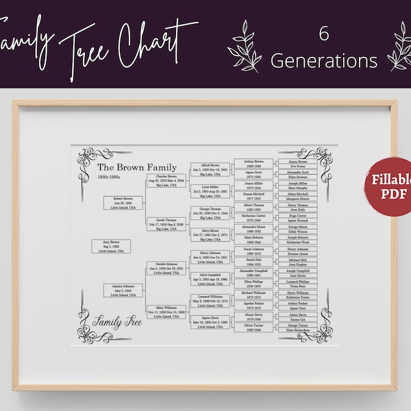 Family Tree Template Printable Fillable PDF Family Tree Chart - 6 Generations | Genealogy Family Reunion Gift, Vintage, Letter, 8x10, A4