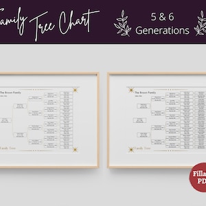 Family Tree Template Printable Fillable PDF Digital Chart - 5 & 6 Generation | Genealogy Family Reunion Gift, Mid-Century, Letter, 8x10, A4