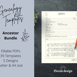 Ancestor Research Genealogy Templates Digital Printable | Genealogy Research Fillable Form PDF Worksheet Bundle, 39 Pages | Letter, A4