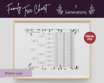 Modello di albero genealogico PDF compilabile stampabile Grafico dell'albero genealogico - 7 generazioni / regalo di ricongiungimento familiare genealogico, foglie, poster, 24x18, A2