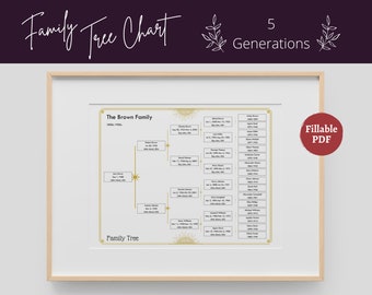 Modèle d'arbre généalogique imprimable au format PDF à remplir - 5 générations | Cadeau de réunion de famille généalogique, Mid-Century, lettre, 8 x 10, A4