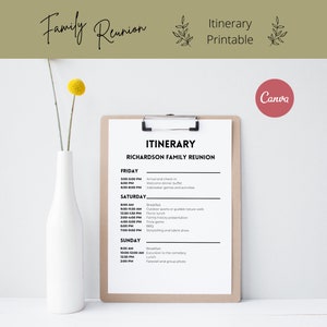Plantilla de itinerario de reunión familiar, plantilla minimalista / de itinerario de evento para Canva / carta de itinerario imprimible personalizable, 8.5x11, A4