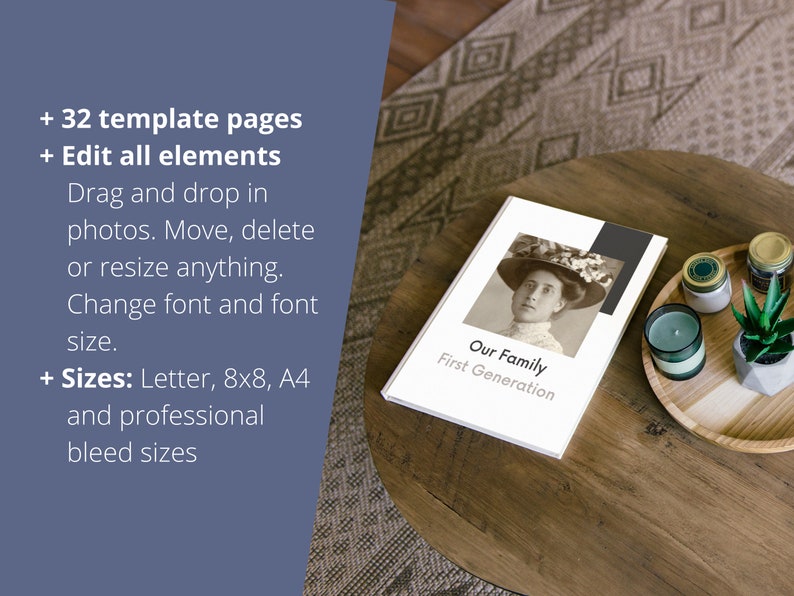 What you get: 32 template pages. Edit all elements. Drag and drop in photos. Move, delete or resize anything. Change font and font size. Available in letter, 8x8 and A4 sizes and bleed sizes for professional printing. Book with cover on wood table.