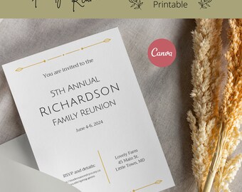 Family Reunion Invitation Template, Minimalist Gold Leaf | Event Invitation Template for Canva | Customizable Printable Invitation, 5x7 A5