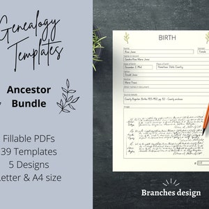 Ancestor Research Genealogy Templates Digital Printable | Genealogy Research Fillable Form PDF Worksheet Bundle, 39 Pages | Letter, A4