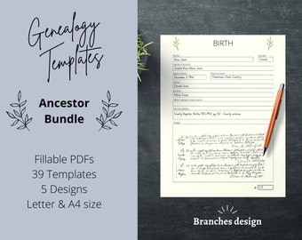 Ancestor Research Genealogy Templates Digital Printable | Genealogy Research Fillable Form PDF Worksheet Bundle, 39 Pages | Letter, A4