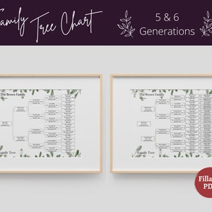 Family Tree Template Printable Fillable PDF Family Tree Chart - 5 & 6 Generation | Genealogy Family Reunion Gift, Leaves, Letter, 8x10, A4