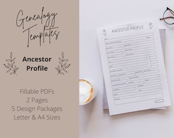 Ancestor Profile Genealogy Research Digital Printable Fillable Forms PDF Templates | Family History Worksheets, 2 Pages | Letter, A4