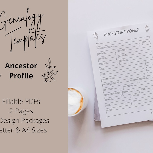 Ancestor Profile Genealogy Research Digital Printable Fillable Forms PDF Templates | Family History Worksheets, 2 Pages | Letter, A4