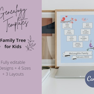 Family Tree Template For Kids | Digital Printable Customizable Family Tree Canva Genealogy Template | Letter, 18x24, A4, A2