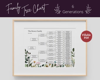 Modello di albero genealogico PDF compilabile stampabile Grafico dell'albero genealogico - 6 generazioni / regalo di ricongiungimento familiare genealogico, floreale, lettera, 8x10, A4