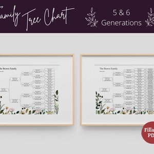 Family Tree Template Printable Fillable PDF Family Tree Chart - 5 & 6 Generations | Genealogy Family Reunion Gift, Floral, Letter, 8x10, A4