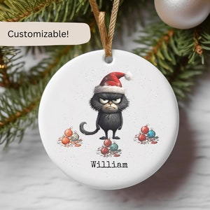 Personalized Name Ceramic Christmas Ornament 2023 - Customizable Keepsake -Grumpy Cat - Holiday Decoration- Humorous Family Holiday