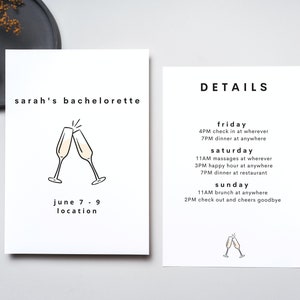 Invitación de fin de semana de despedida de soltera, agenda de despedida de soltera, itinerario de despedida de soltera, invitación de despedida de soltera impresa personalizada, 5x7