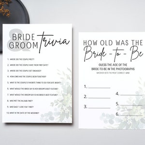 Printed Bridal Shower Games, Bachelorette Party Game, Bride and Groom Trivia, Wedding Shower Printed 5x7 Game Card, Eucalyptus Bridal Shower