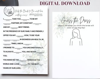 Puede incluir: Un juego de boda imprimible con una actividad de votos para completar y un juego de "Adivina el vestido" donde los invitados dibujan el vestido de novia. El juego está decorado con un diseño floral de acuarela.