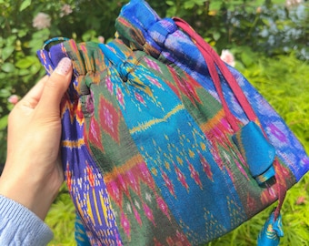 Upcycled Silk Drawstring Purse | Thai Fabric Clutch, One-of-a-Kind Bag