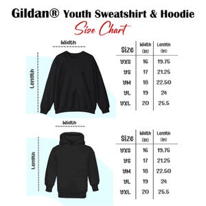 May include: Gildan Youth Sweatshirt & Hoodie Size Chart displaying black garments with width and length measurements in inches for sizes YXS to YXL. The table provides widths from 16 to 20 inches and lengths from 19.75 to 25.5 inches for both items.