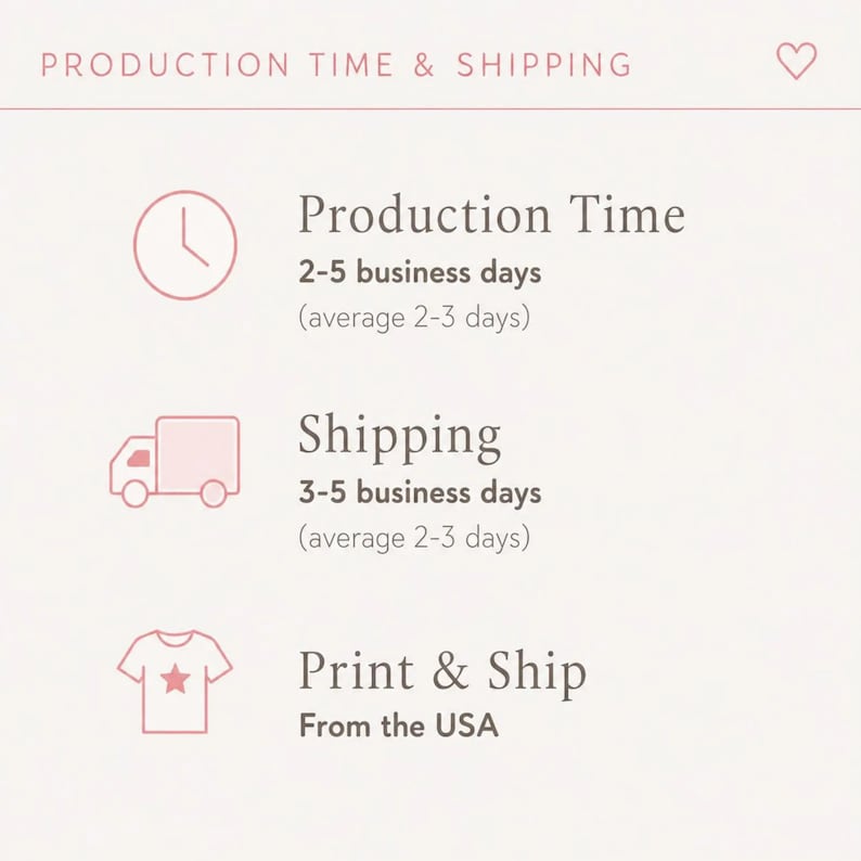 Op de afbeelding: Een lichtroze informatieve afbeelding met donkere tekst over productie en verzending. Het vermeldt een productietijd van 2-5 werkdagen, verzending van 3-5 werkdagen en Print & Ship vanuit de VS, met iconen van een klok, vrachtwagen en t-shirt.