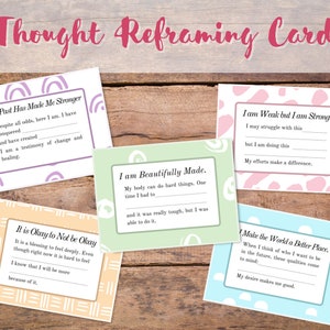 Tarjetas de reencuadre del pensamiento - Atención plena - Replantee su imagen corporal, pasado, fortalezas y debilidades, días malos, valor - Mejore su salud mental