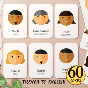 60 French & English Family Bilingual Flashcards for Kids | Learn French Preschool Homeschool Pre-K Montessori Toddler Basics Flash Card