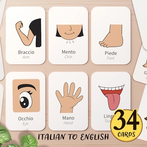 Schede didattiche sul corpo umano in italiano e inglese per bambini / Schede didattiche sulle parti del corpo per bambini in età prescolare in italiano stampabili per la scuola materna in casa